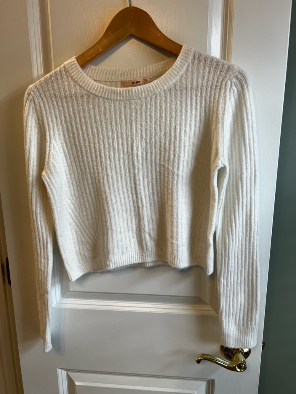 Mi Ami Cream Ribbed Cropped Crewneck Sweater Size S